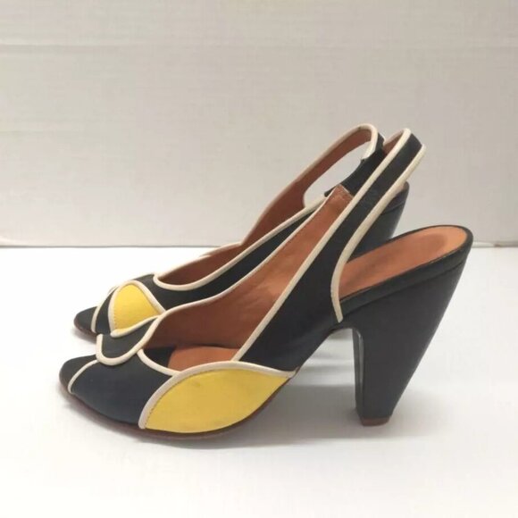 Chie Mihara BLACK & YELLOW Leather peep-toe Slingback Heeled Sandals 36.5 - Picture 4 of 5